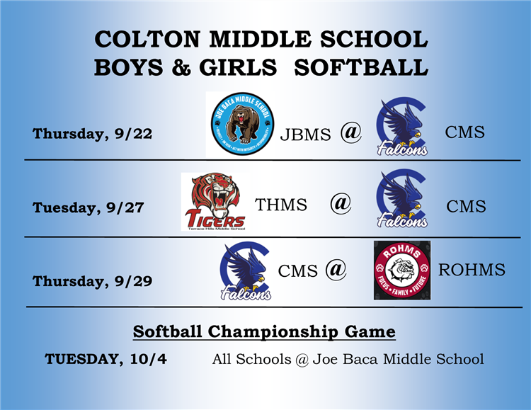  CMS Girls and Boys Softball Game Schedule